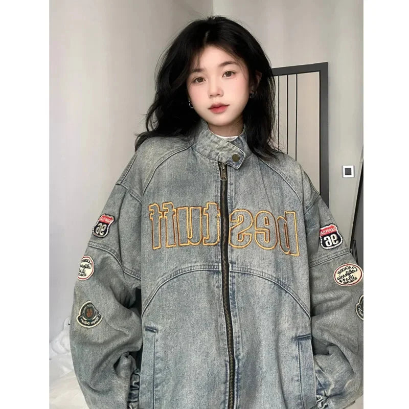 Unisex Embroidered Design Vintage Denim Jacket High Street Loose Coats Hip Hop Stand Collar Baseball Jacket for Women