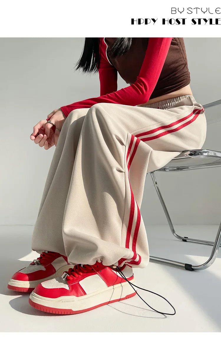 New 2025 American Stripe Sports Pants Women's Spring Autumn Wide Leg Loose Jazz Dance Casual Parachute Long Trousers