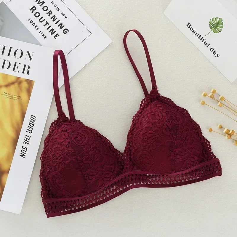 Lace Underwear Female Thin Section Bra Sexy Backless Lingerie Solid Color Embroidery Hollow Tube Top Black/RedWhite Bandeau Top