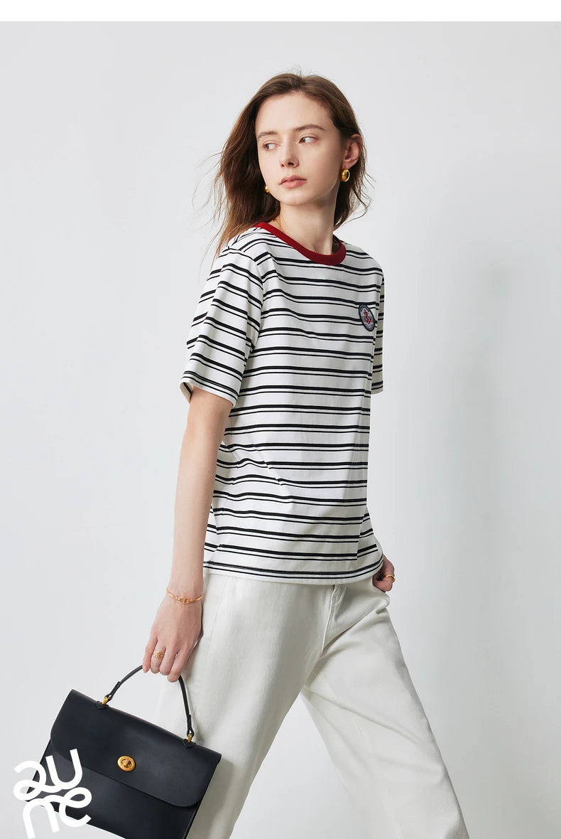 TOYOUTH Women Striped Short Sleeved T-shirt 2024 Summer New Academy Style Round Neck Top