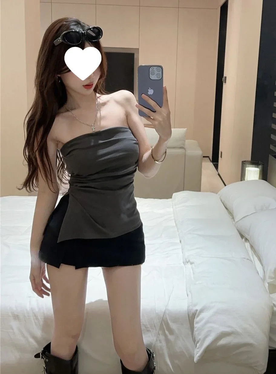 Sexy Open-Back Strapless Sleeveless T-Shirt Women's Spring Autumn Slimming Grey Top Cropped Outer Wear Base Wrap Chest