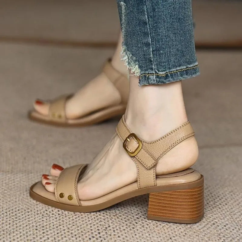 Women Sandals Summer Real Soft Leather Thick Heel Vintage Brown Sandals Women Cross One Line Strap High Heels Mary Jane Shoes
