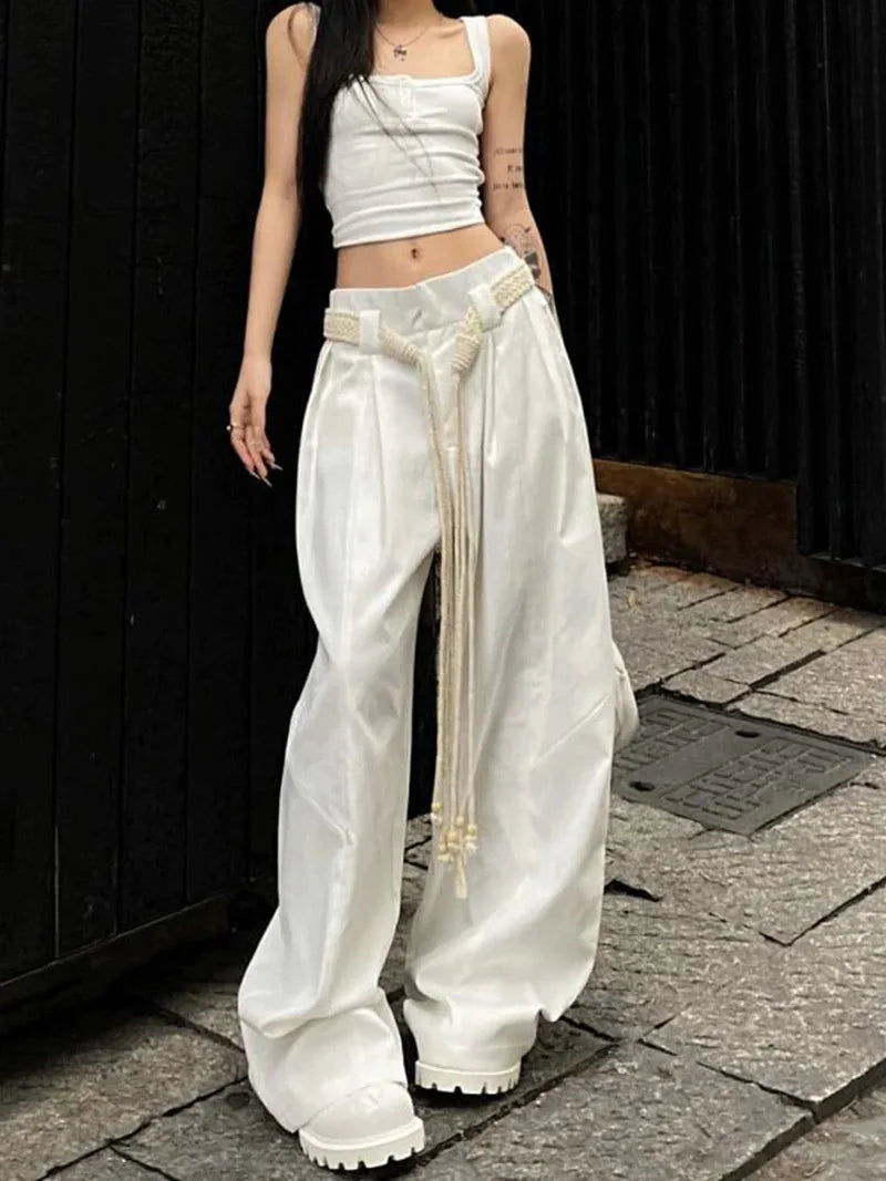 Y2K Casual Wide Leg Pants Women American High Street Fashion Sweatpants White Loose All Match Pleated Trousers Female New