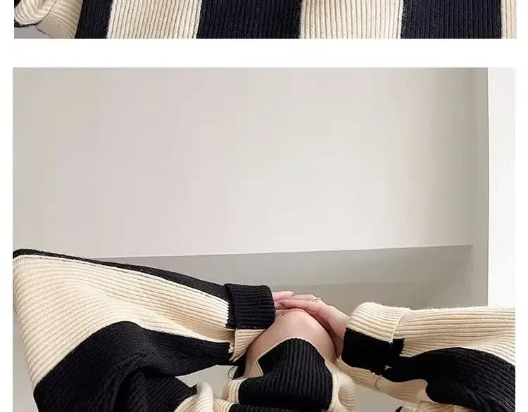 High-crowned Lazy Style Black White Stripe Wool Coat Women Autumn Winter Outdoor Warm Soft Cover Knitted Top Thick