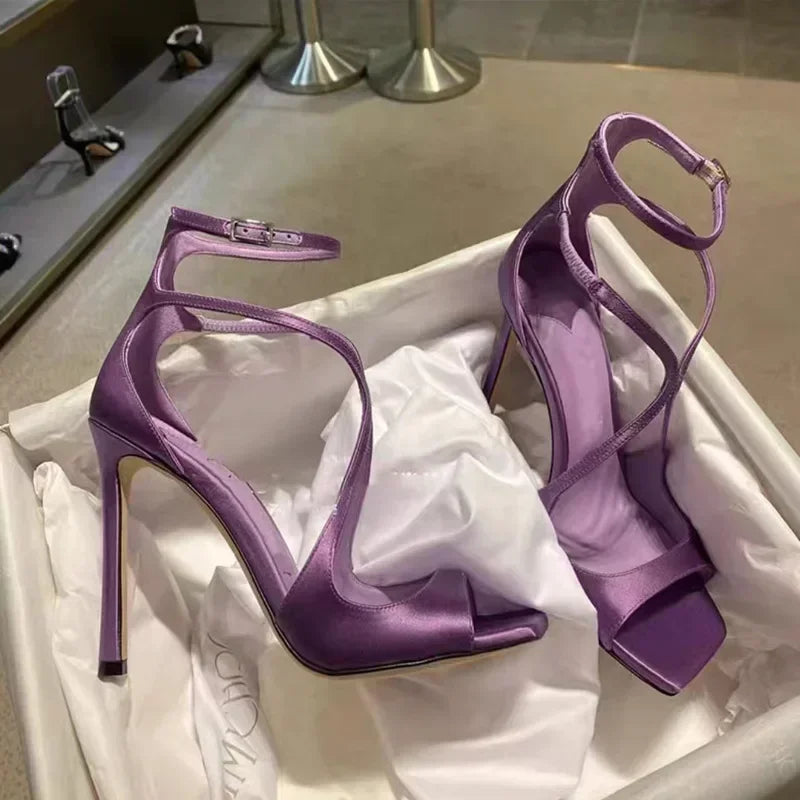 Sexy Luxury Satin High Heels Women Designer Party Dress Shoes Square Head Gladiator Sandals Female Slingback Sandals Women Pumps