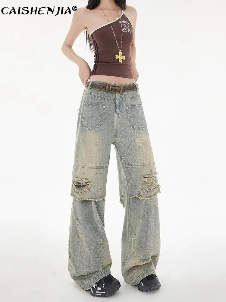American High Street Wasteland Style Ripped Jeans Spring and Summer Loose Washing and Old Wide-leg Japanese and Korean Baggy