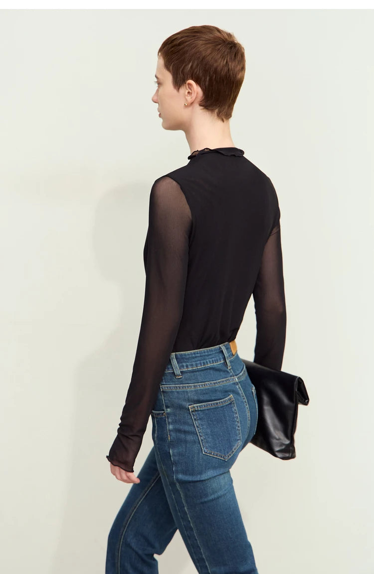 Amii Minimalism Mesh T-shirts For Women 2025 Spring New Office Lady Half-high Neck Micro Perspective Slim Retro Shirt 12423055