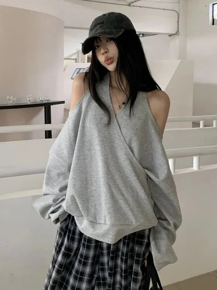 Zoki Sexy Halter Sweatshirt Women Streetwear Off Shoulder V Neck Pullovers Vintage Loose Backless Design Female Korean Tops New