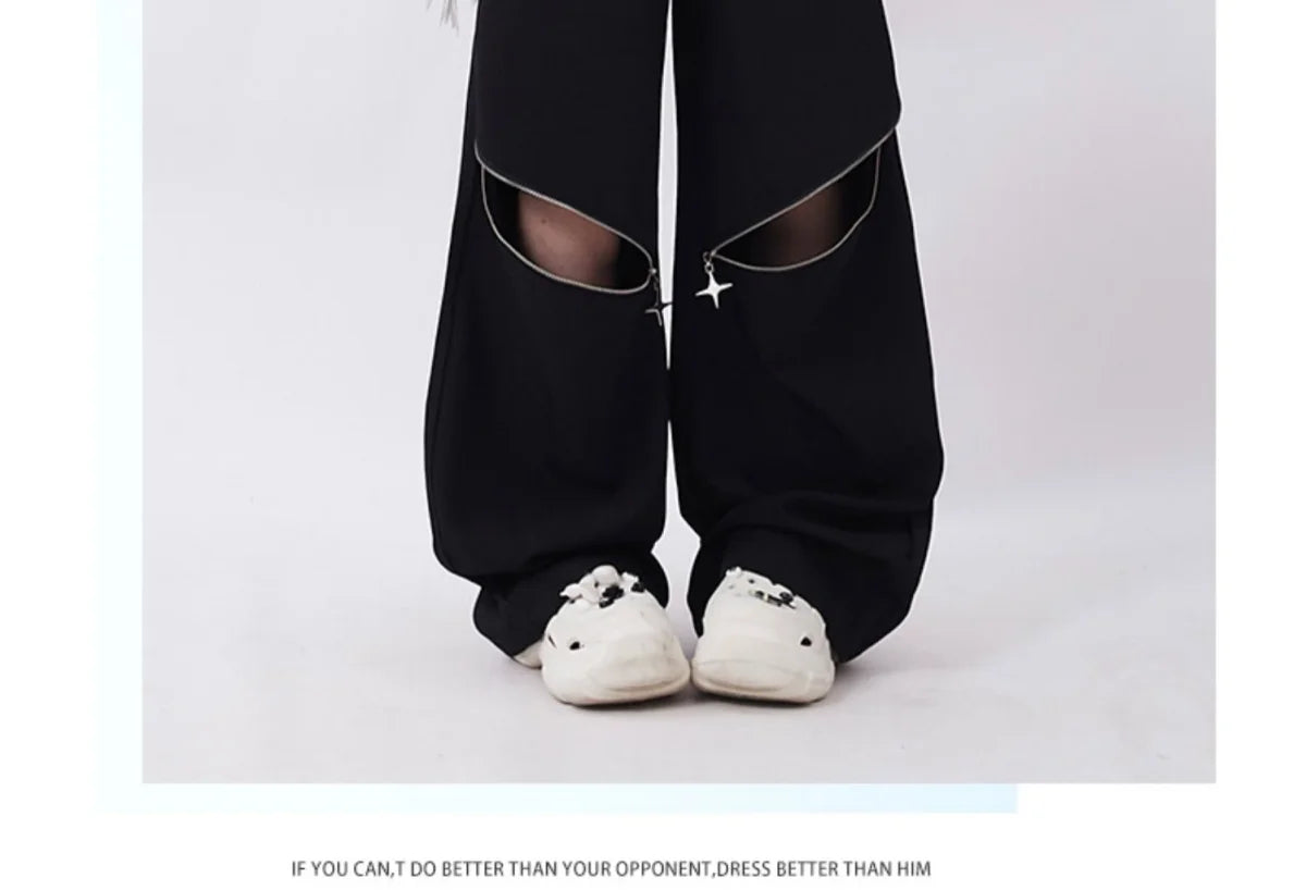 Hollow Out Zipper Design Pants Black Cargo Sweatpants Women Y2k Fashion Baggy High Waist Wide Leg Sport Pants Causal Trousers