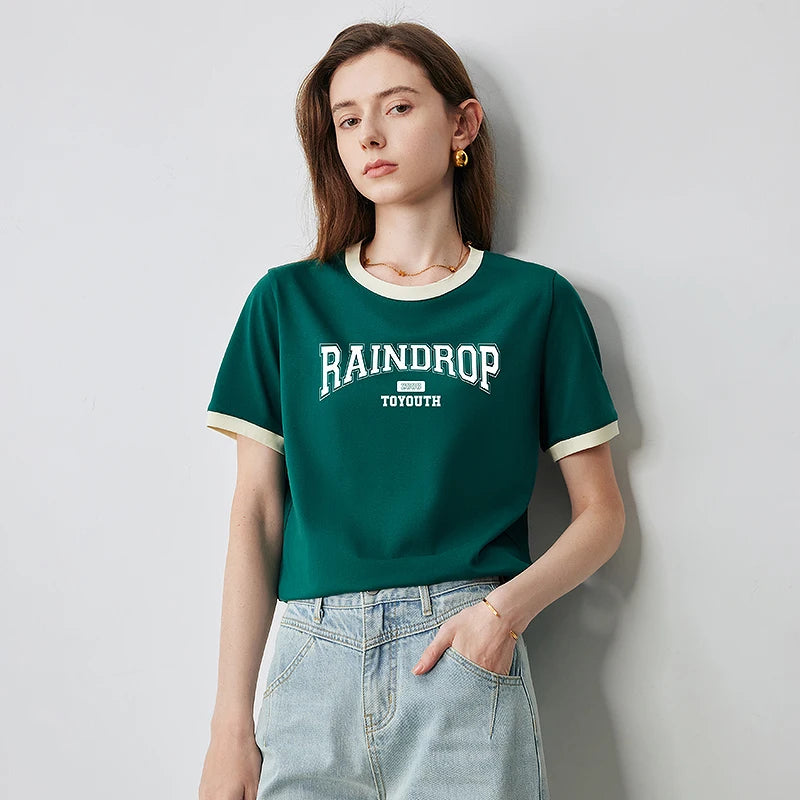 TOYOUTH Women Short Sleeve T shirt 2025 Summer New Color Blocked Letter American Style Antibacterial Cotton Tops GT5210004