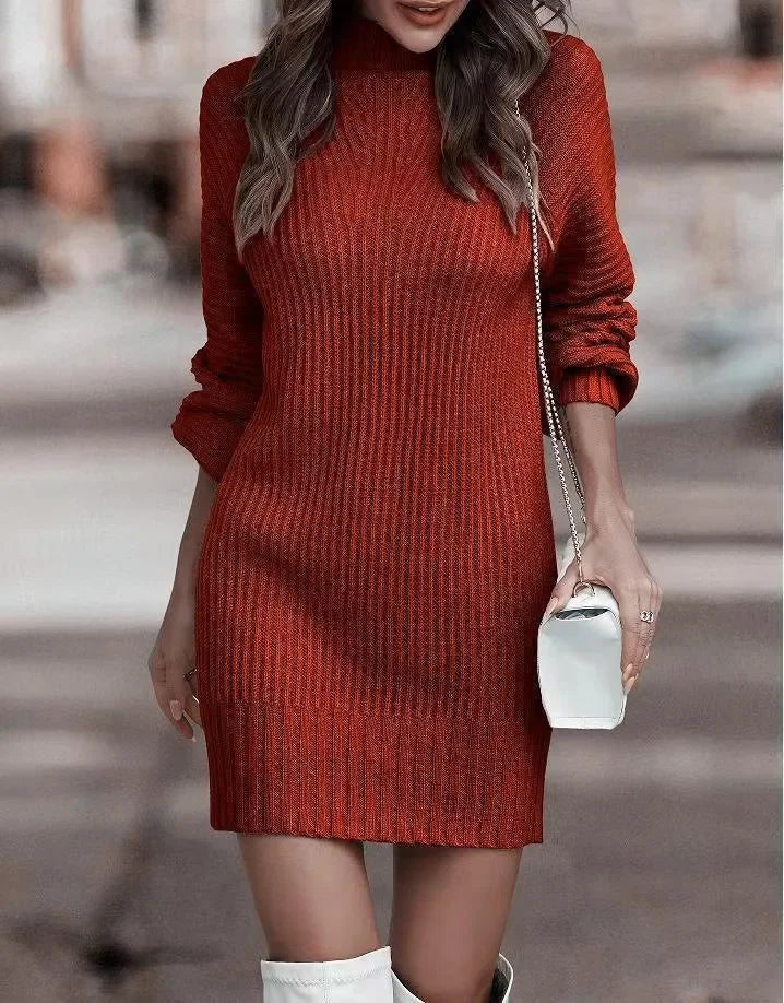 High Neck Long Sleeve Women's Knitted Dress Sweater Autumn Winter New Style Cross-Border Fashion Elegant Classy Female Garment