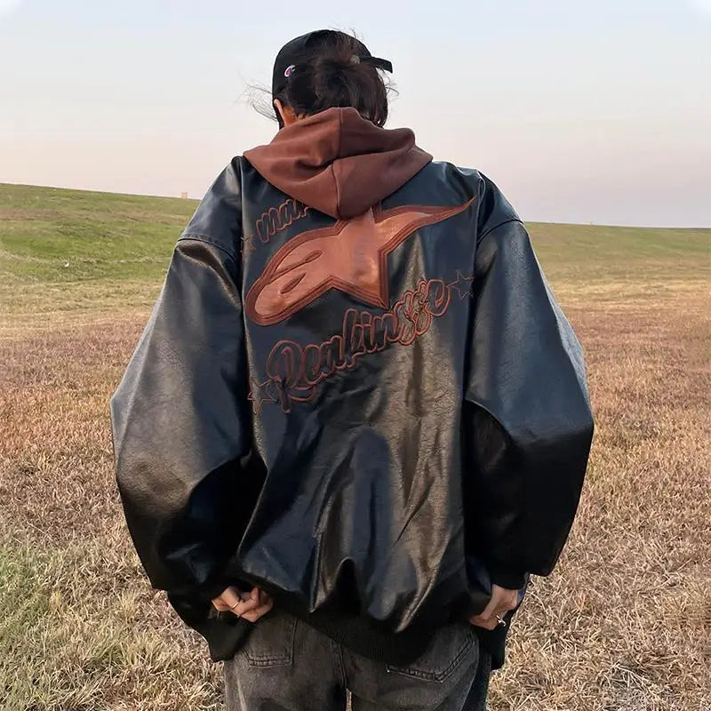 American retro letter embroidery leather Jacket Coat women's Y2K street hip-hop trend baseball suit couple casual leather jacket