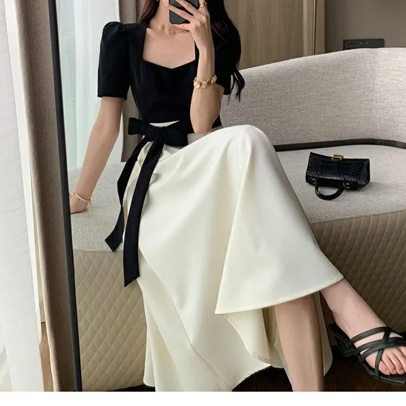 Elegant High-waisted Slimming Black Square Collar Long Dress 2024 New Style Vintage French Fashion For Women