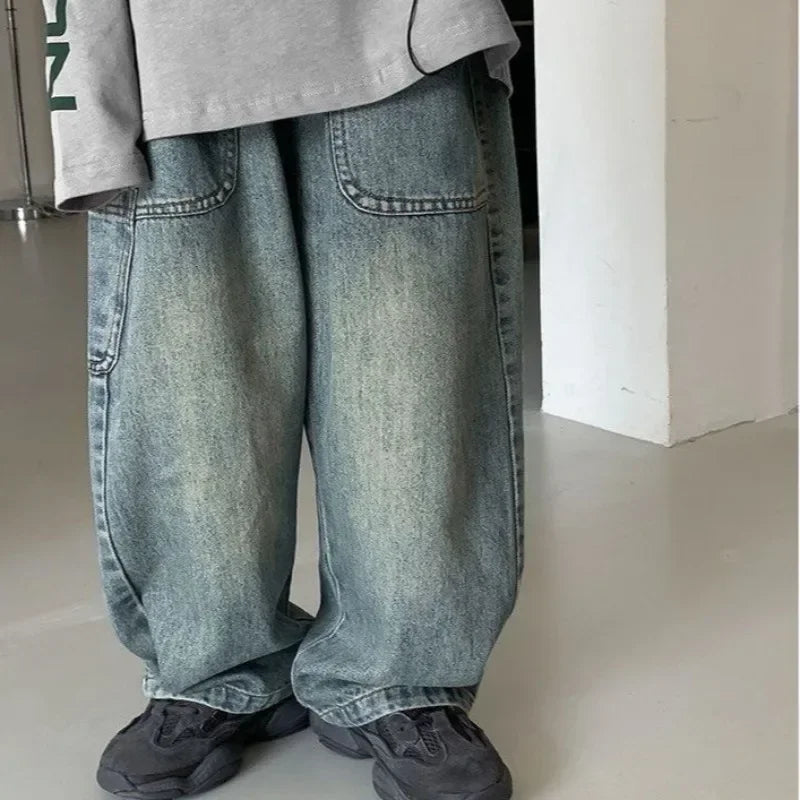 Children's Retro Jeans Loose Straight Pants Wide Leg Pants for Boys and Girls 2025 New Spring Autumn Kid's Denim Pocket Trousers