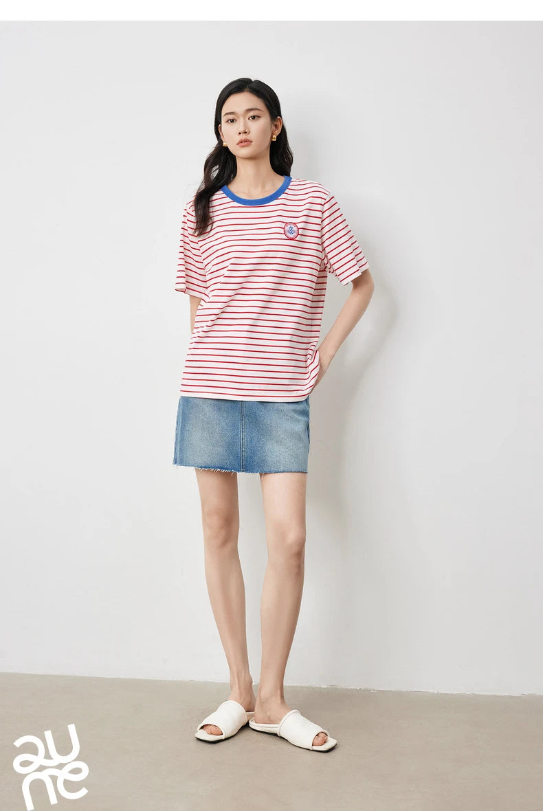 TOYOUTH Women Striped Short Sleeved T-shirt 2024 Summer New Academy Style Round Neck Top