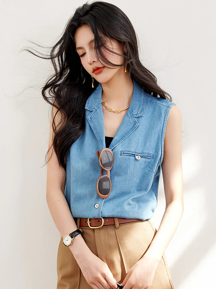 Vintage Sleeveless Tank Top Women Fashion Turn-down Collar Casual Vest Shirts Spring Summer Casual Denim Shirt