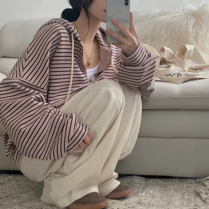 Spring 2025 Women's Chic Loose Casual Lazy Sle Striped Hooded Jaet with ket Open Cardigan Sweatirt Comfortable Fit