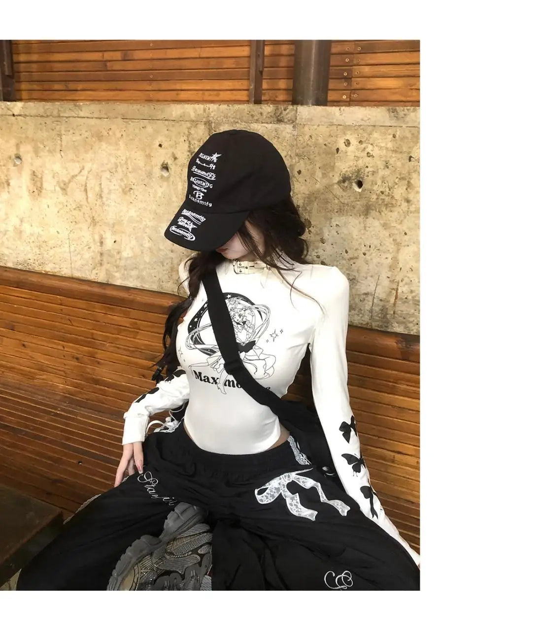 Dophee Original Spice Girls Elastic Waist All-match Loose Straight Wide Leg Pants Cute Bow Printed Splicing Lace Casual Trousers