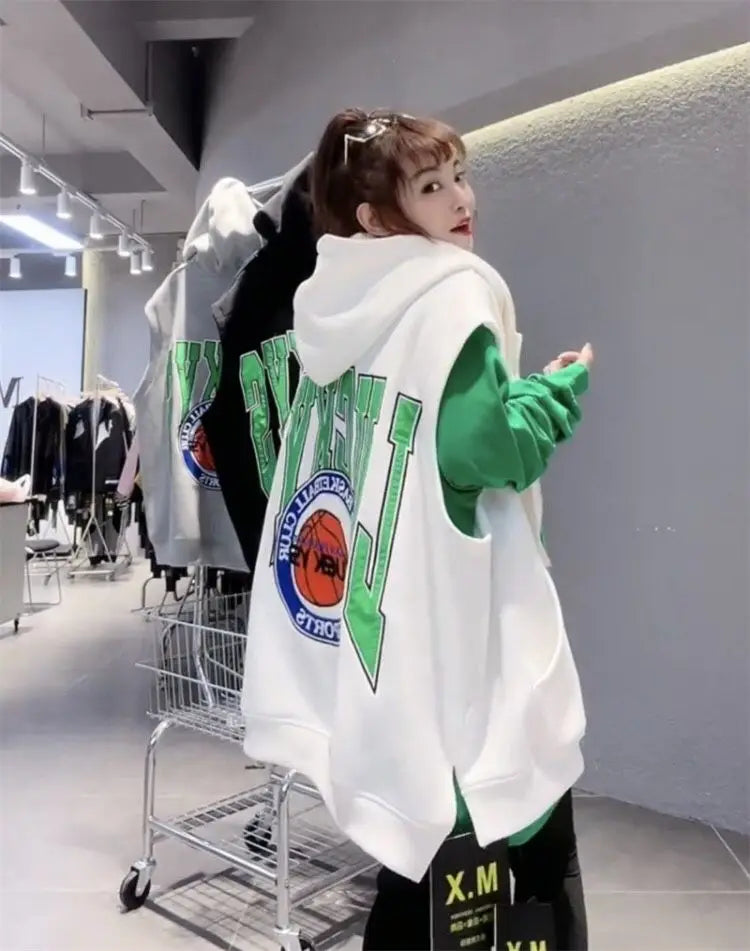 Oversized Hooded Sweatshirt Vest Female Hip Hop Streetwear Sleeveless Jacket 2023 New Cardigan Outerwear Korean Fashion Casual