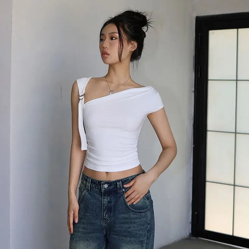 Summer T-shirts Women Sexy Folds Sweet Irregular Bandage Design Slim Chic Skew Collar Crop Tops Aesthetic Club American Clothes
