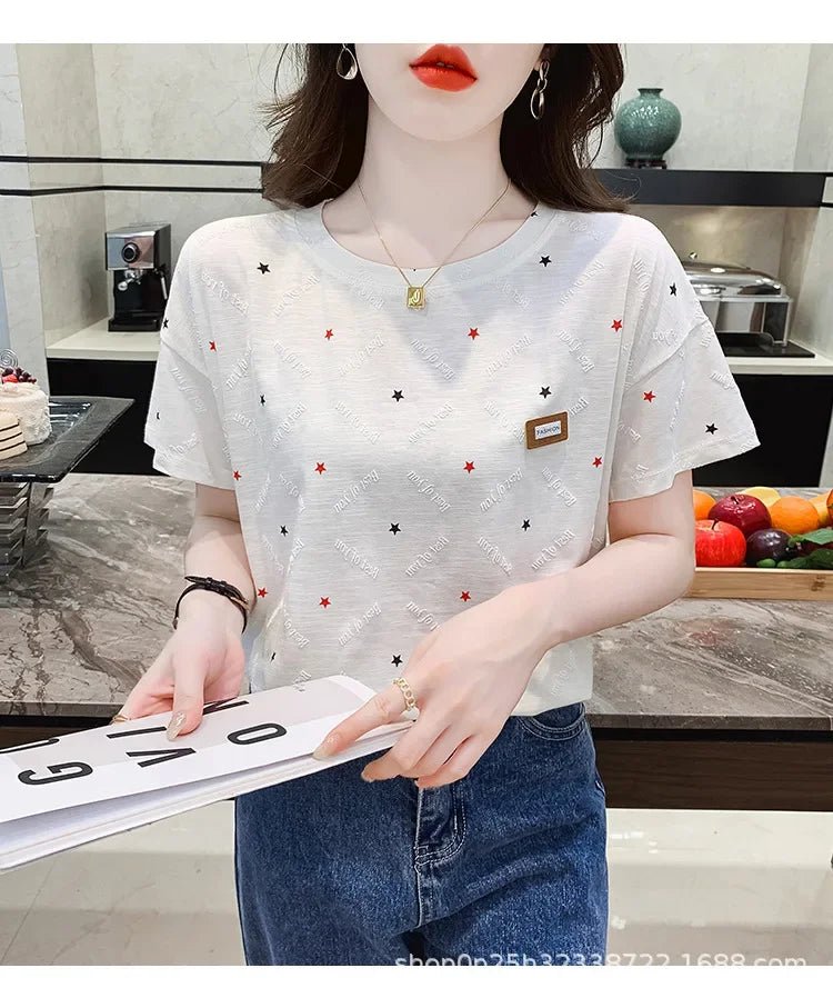 Summer Women's Loose-Fit Plus Size White Half-Sleeve T-Shirt New Style Casual Crew Neck Decorative Bodysuit Top Ins Trendy