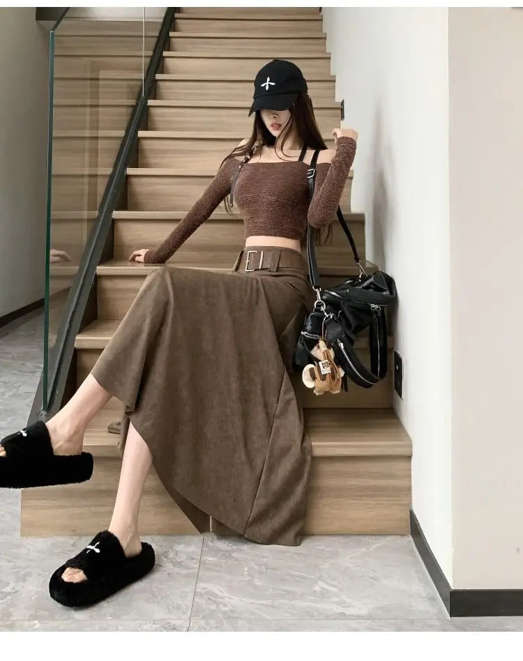 Women Clothing Autumn Korean Fashion Vintage High Waist Asymmetrical Skirts Female Elegant Chic Tie Dye Slim Long Skirt Faldas