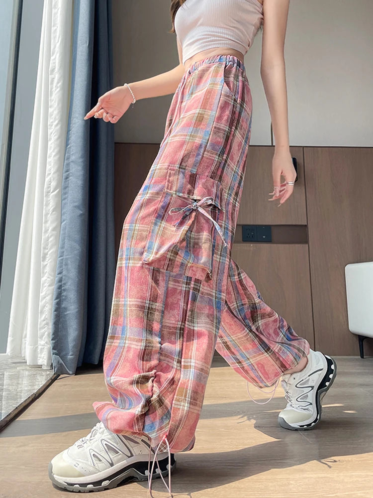 Zoki Women Streetwear Plaid Cargo Pant Vintage Loose High Waist Pockets Trousers Y2K American Casual Hip Hop Lace Up Bf Pants