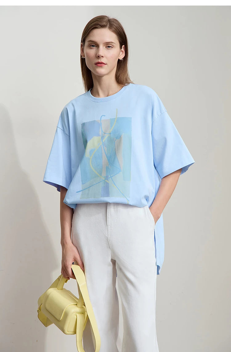 Amii Minimalist Summer T-shirt Women Irregular Design Tops Casual O-neck Abstract Print Loose Dropped Shoulder T-shirt 12522081