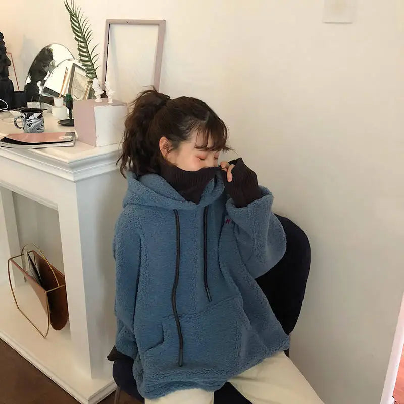 Plush Women Hoodie Solid Color Loose Pullover Hooded Korean Fashion Cold-proof Thicken Soft Spring Hooded Sweatshirts худи 후드티