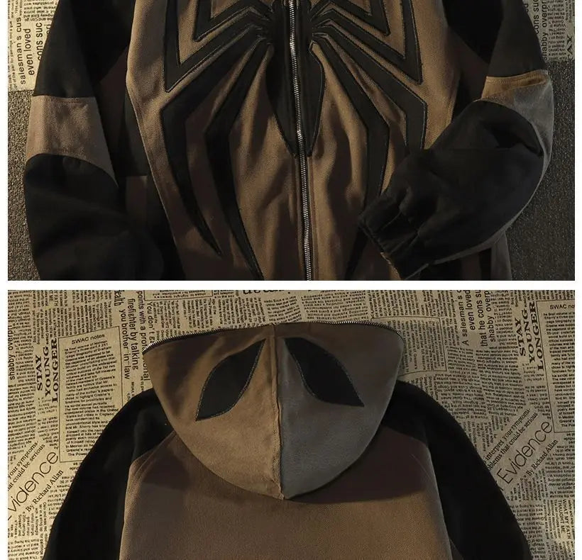 American High Street Spider Man Off Shoulder Sweatshirt Men and Women Retro Loose Oversized 150kg Couple Hooded Cardigan