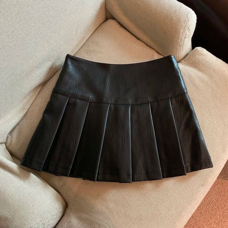 MEXZT S-3XL Y2K Pu Leather Mini Skirts Women Streetwear High Waist Pleated Skirt Vintage Korean Black Slim Casual A Line Skirts