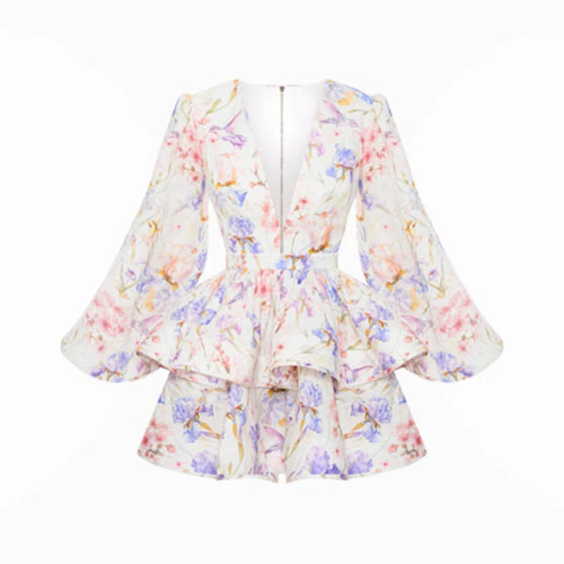 Printed Ruffled Hem Deep V-neck Puffy Dress Long Lantern Sleeve Elegant Vacation Party Short Dresses Colorful 2025 Spring Robe