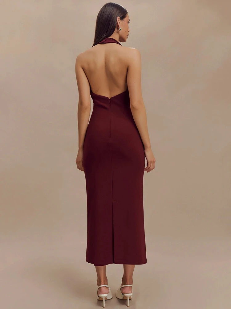 Mozision Halter Deep V Neck Sleeveless Sexy Maxi Dress For Women Elegant Backless Bodycon Tank Dress Femme Fashion Long Dress