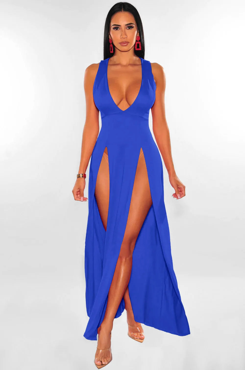 Womens Side Split Deep V Neck Bodycon Clubwear Maxi Vest Dress Sexy Sleeveless Bandage Slim Evening Cocktail Party  Long Dress