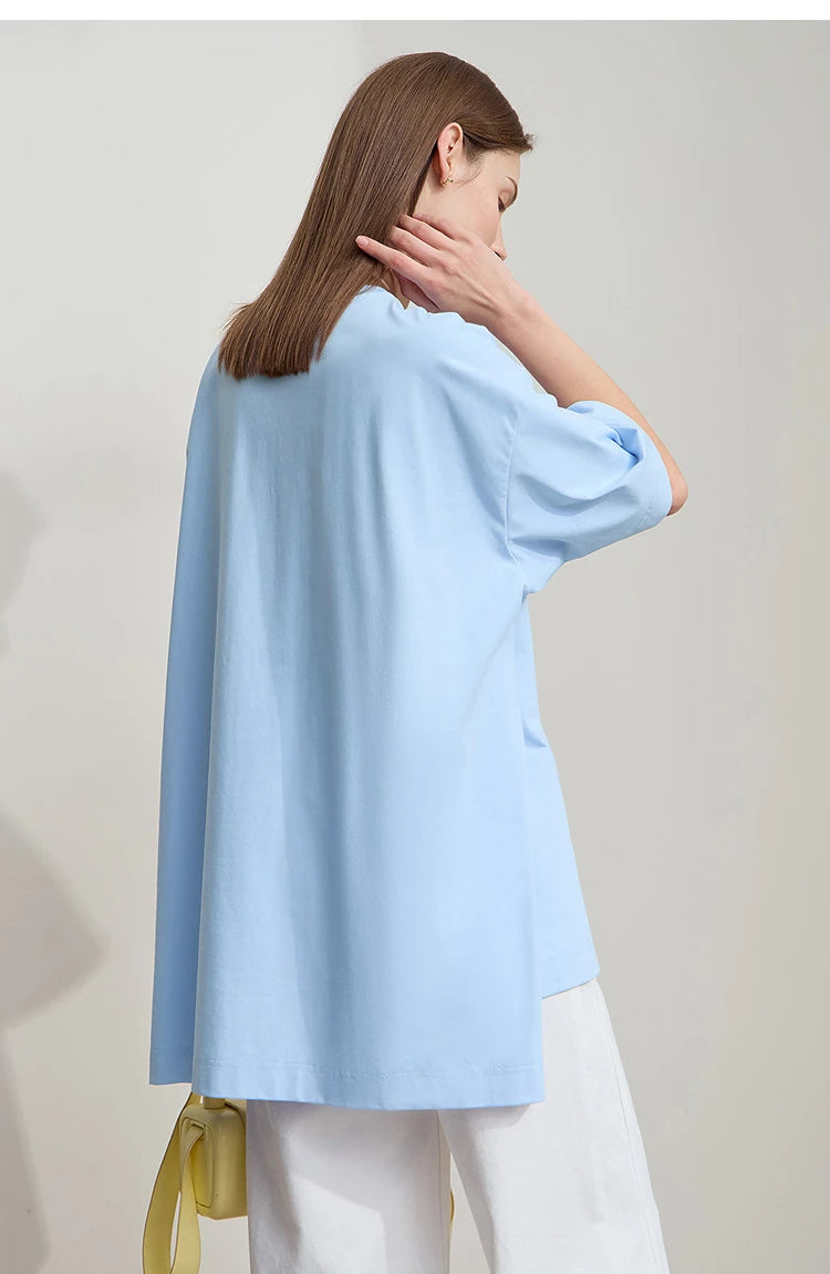 Amii Minimalist Summer T-shirt Women Irregular Design Tops Casual O-neck Abstract Print Loose Dropped Shoulder T-shirt 12522081