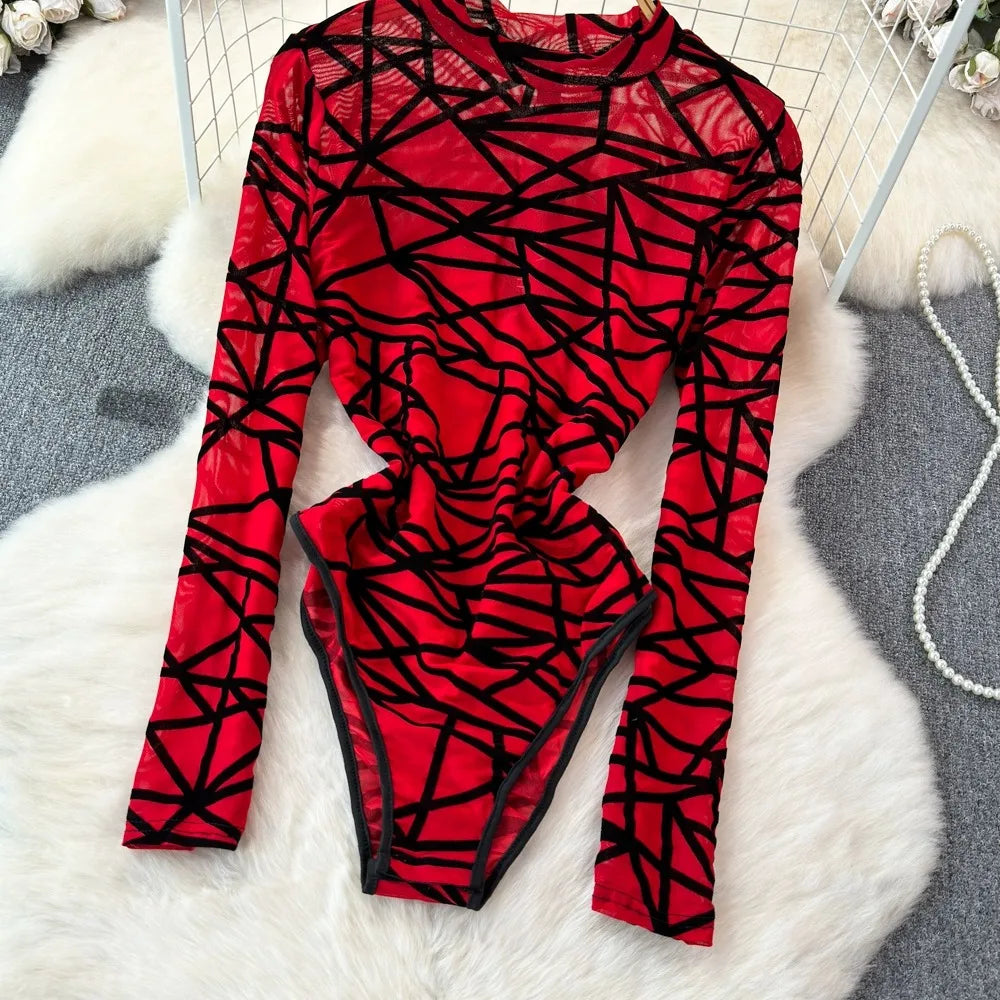 Foamlina Sexy Hollow Out Mesh Bodysuits for Women Fashion Striped Print Stand Collar Long Sleeve Slim Fit Club Party Jumpsuits