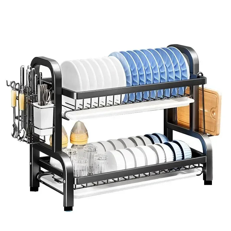 Kitchen 2nd floor storage cutlery and bowl rack set with cutlery rack, large anti rust cutlery drainage board