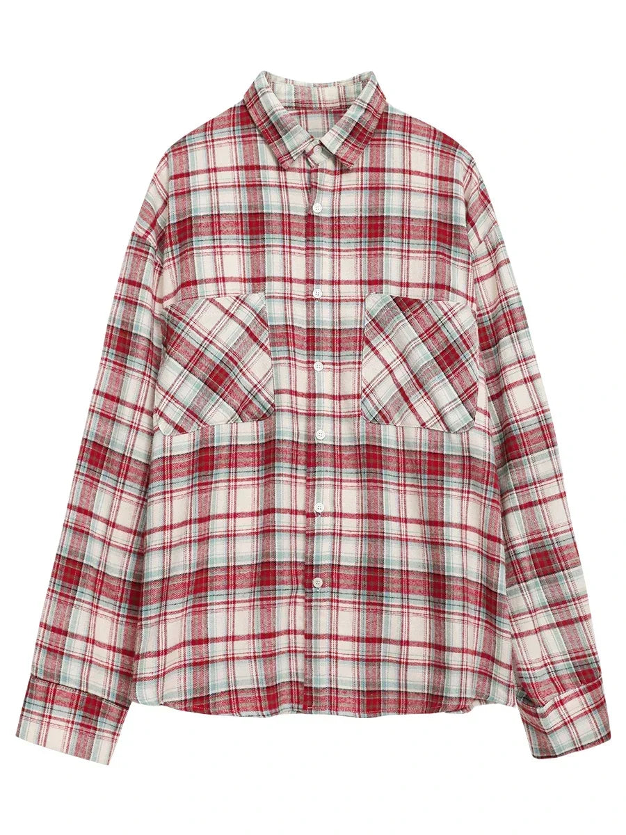 CHIC VEN Women's Cotton Shirt Single Breasted Loose New Retro Color Blocked Grid Female Blouses Autumn Spring 2024