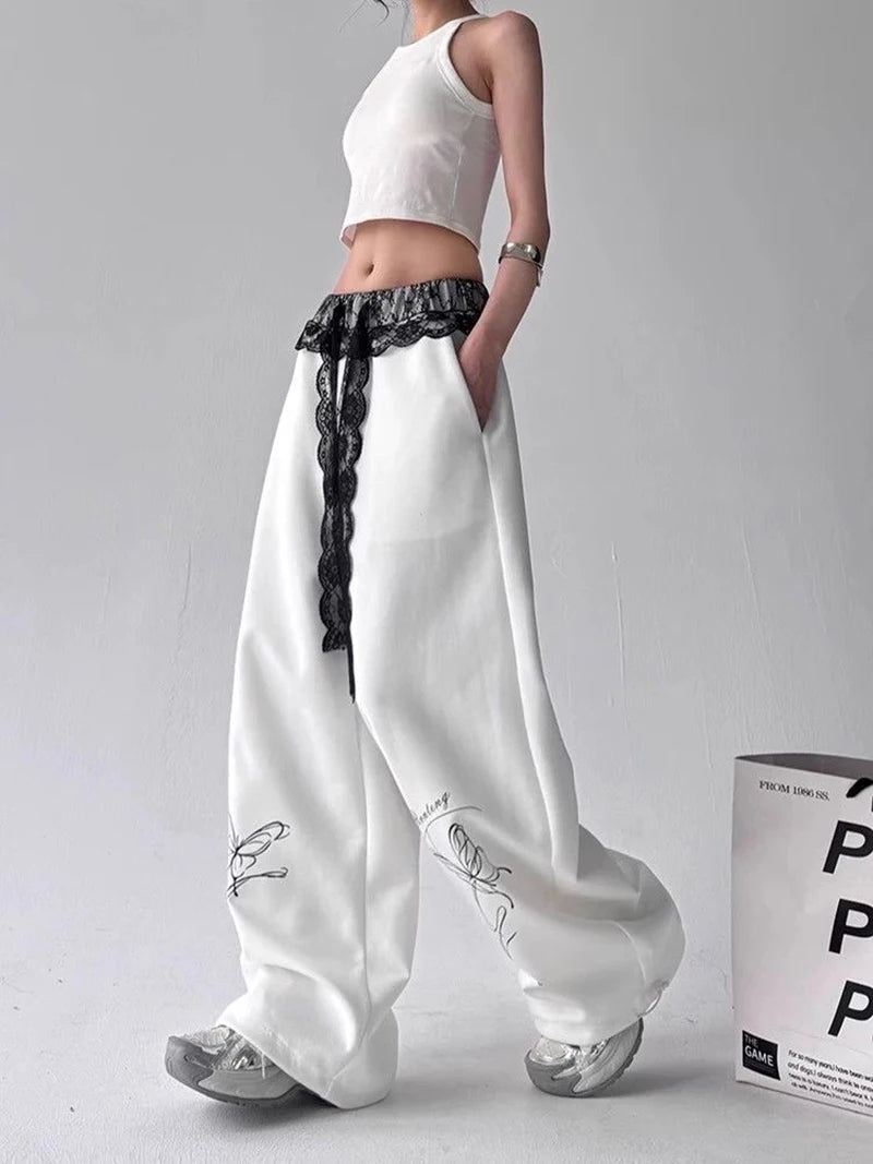 Zoki Vintage Bufferfly Y2K Sweatpants Women Loose High Waist Lace Patchwork Pants Streetwear Retro Casual Bf Harajuku Trousers