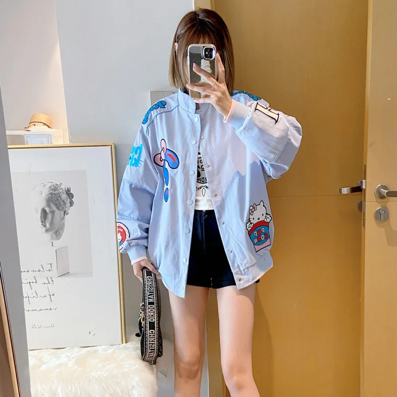 Cartoon Hellokitty Y2k Baseball Jacket Button American Retro Coats Embroidery KT Cat Harajuku Jacket Women Oversized Coat