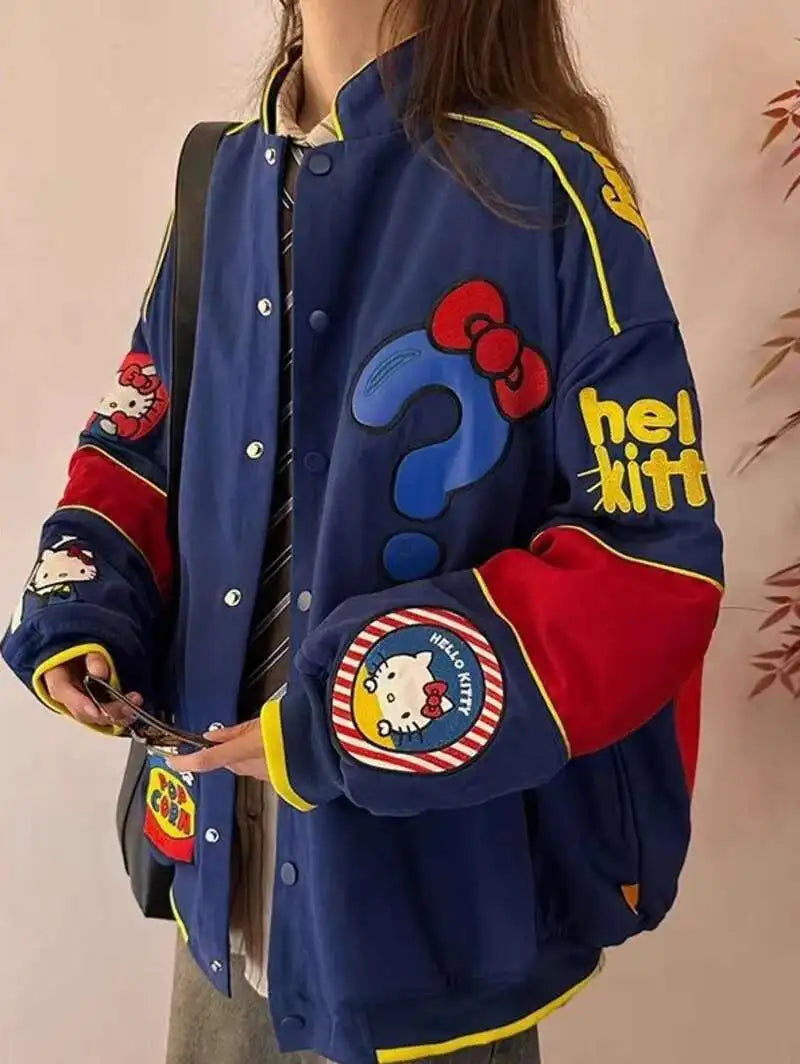 Cartoon Hellokitty Y2k Baseball Jacket Button American Retro Coats Embroidery KT Cat Harajuku Jacket Women Oversized Coat