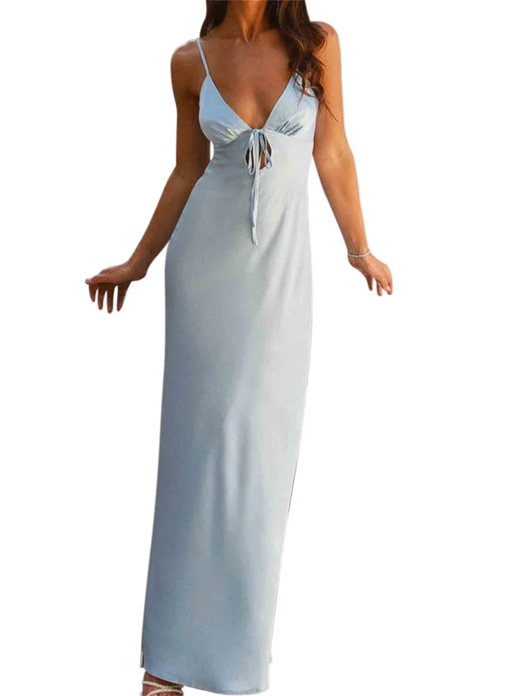 CHRONSTYLE Women Dresses Solid Color Sleeveless Strap V-neck Front Tie-Up Backless Long Dress Summer Slim Casual Female Vestidos