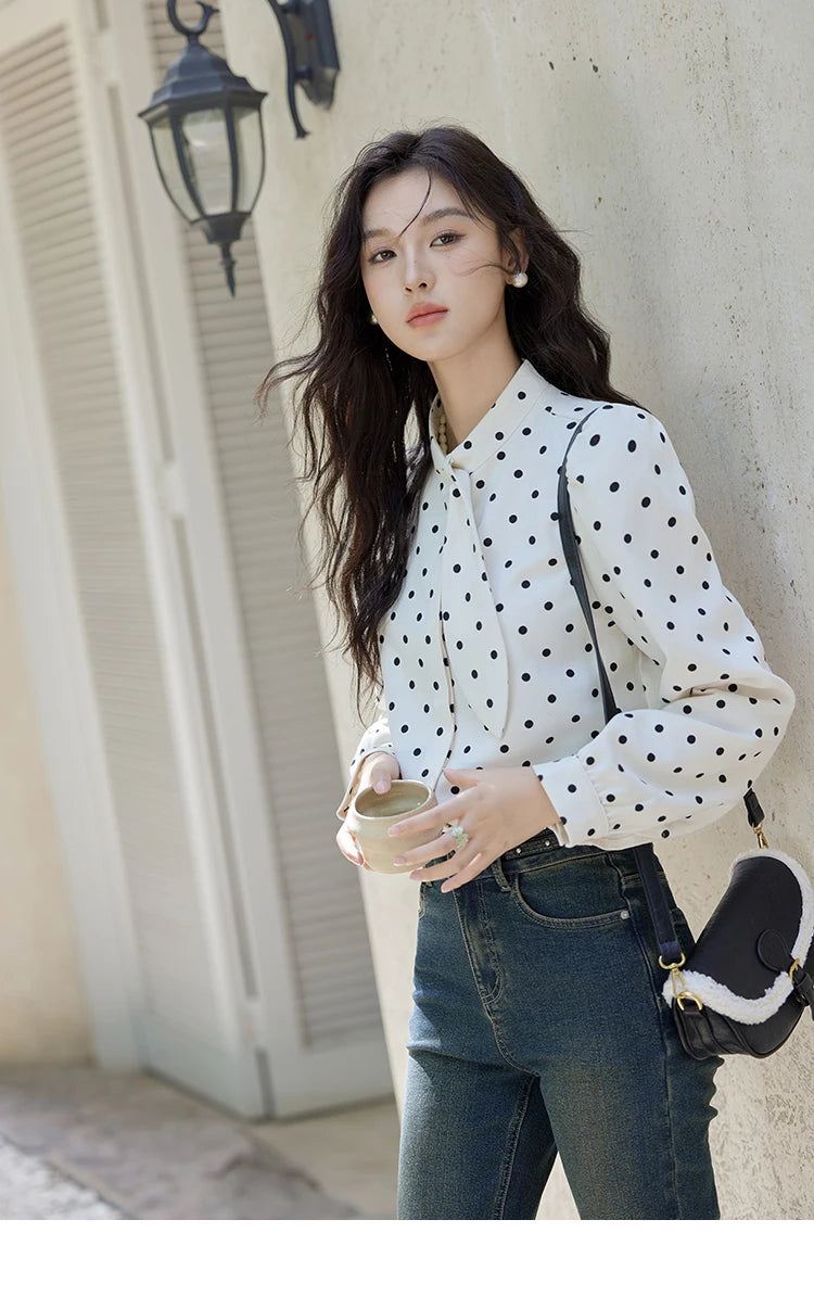 MISHOW Wave Point Long Sleeve Brushed Blouse Rabbit Ear Collar 2024 Winter Women Clothes Temperament Thickened Shirts MXD56X1697