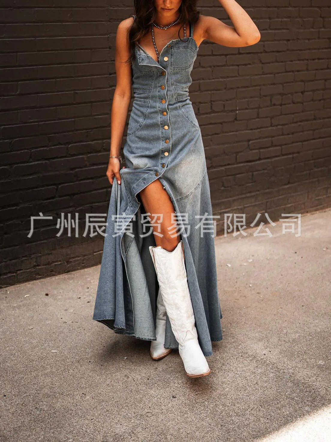 Europe and The United States Retro Wash Do Old Denim Halter Slim Single-breasted Big Swing Dress for Women's Summer Vestidos