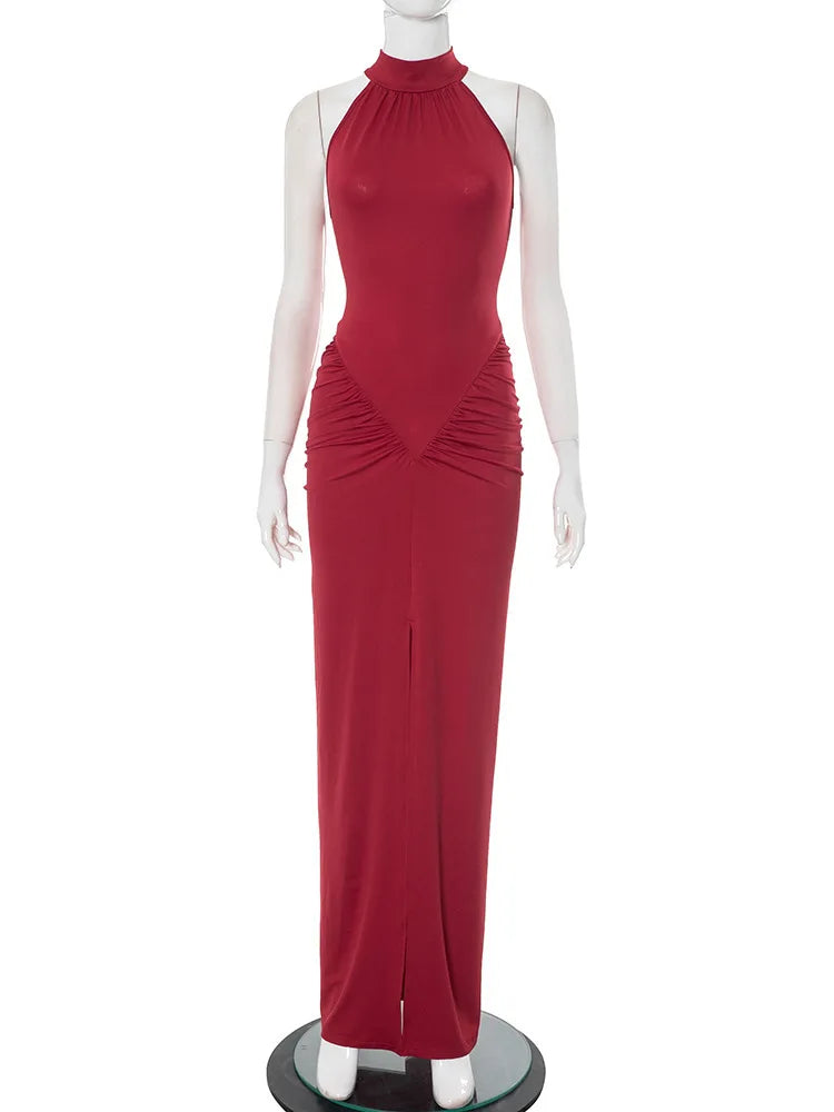 Mozision Halter Ruched Sleeveless Sexy Maxi Dress Women Gown Fashion Slim High Waist Evening Club Party Split Long Dress