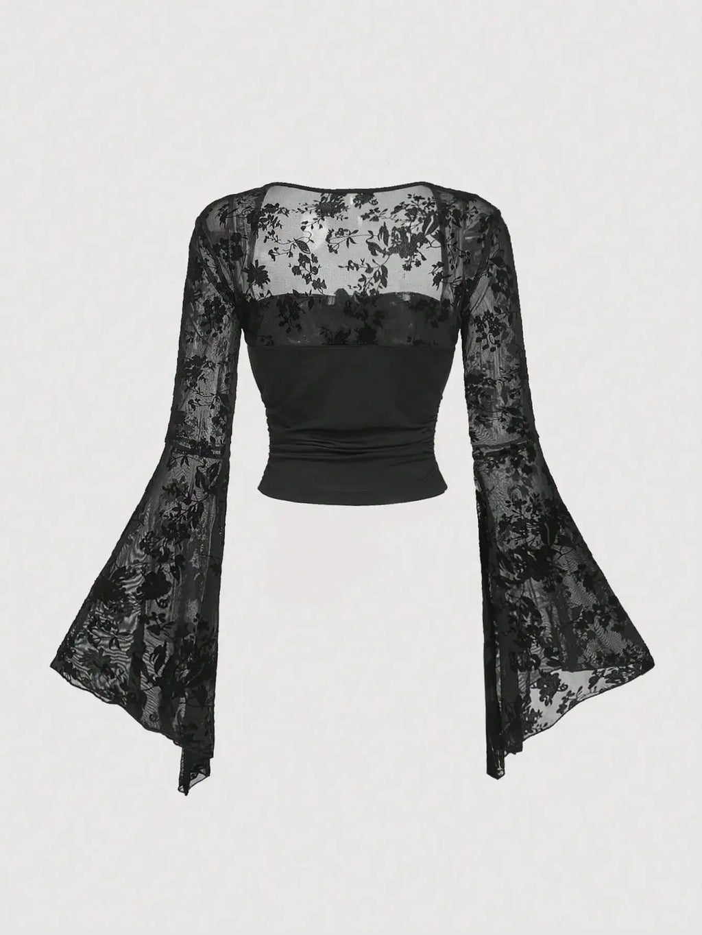 Design Sensation Lace Splicing Long Sleeve Mesh T-Shirt Sexy Elegant Style Full Sleeve Square Collar Polyester Fiber Top