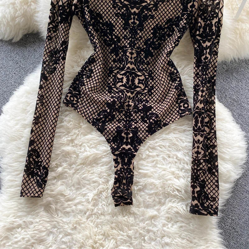 Autumn New Floral Print Bodysuit for Women Fashion Streetwear Elegant Stand Collar Long Sleeve Tight Fit Mesh Body Top Chic 2024