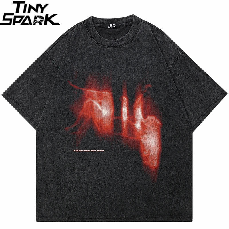 Hip Hop Streetwear 2025 Men T-Shirt Oversized Lost Shadow Vintage Graphic T Shirt Washed Black Tshirt Cotton Unisex Tops Tees