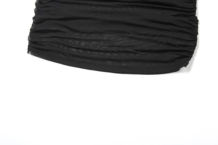 kliou Mesh Swinging Pleated Women 2 Piece Set Summer Solid Simple Halter Backless Chic Tops+Shirring Mini Skirts Coordinate Suit