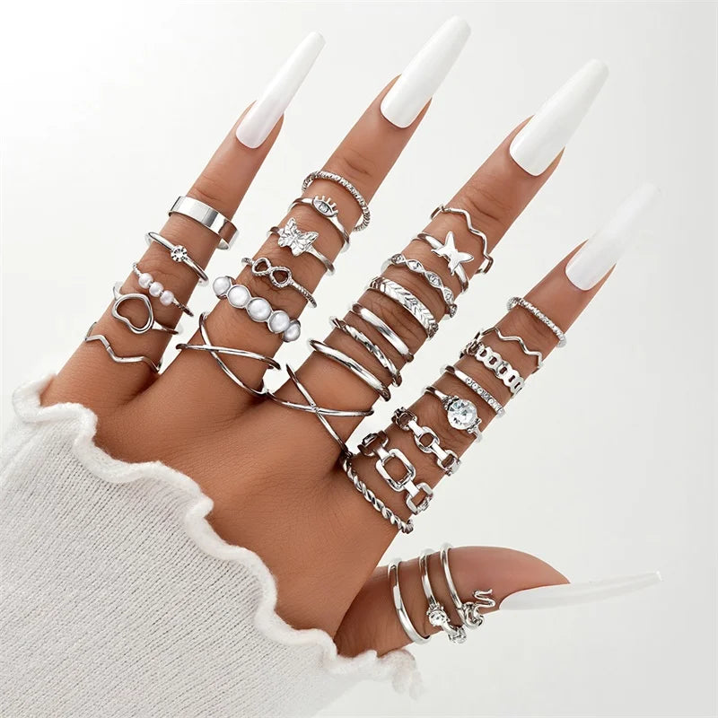 Vintage Shiny Zircon Butterfly Heart Ring Set Gold Color Boho Elegant Eyes Moon Geometric Rings Women Party Jewelry
